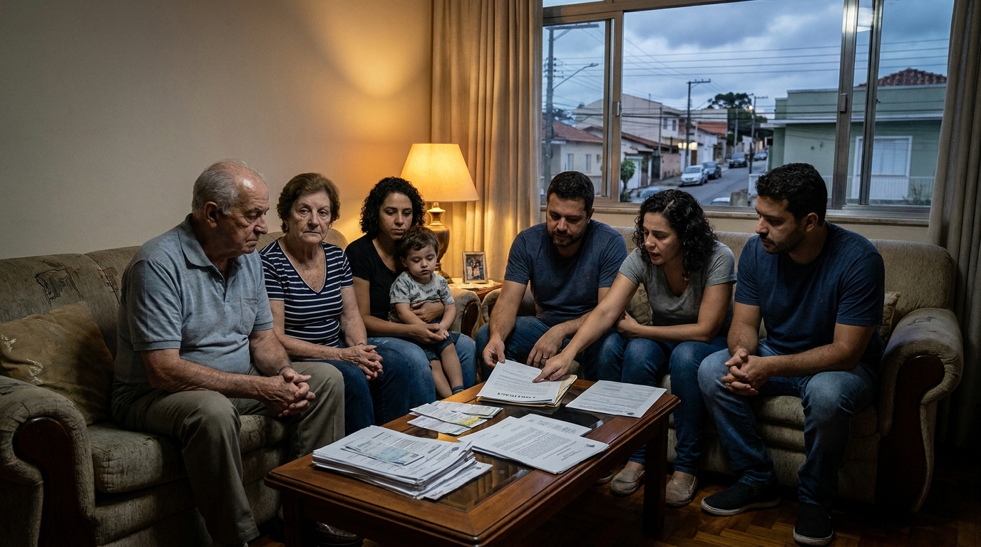 Família brasileira multigeracional reunida na sala discutindo documentos legais com esperança