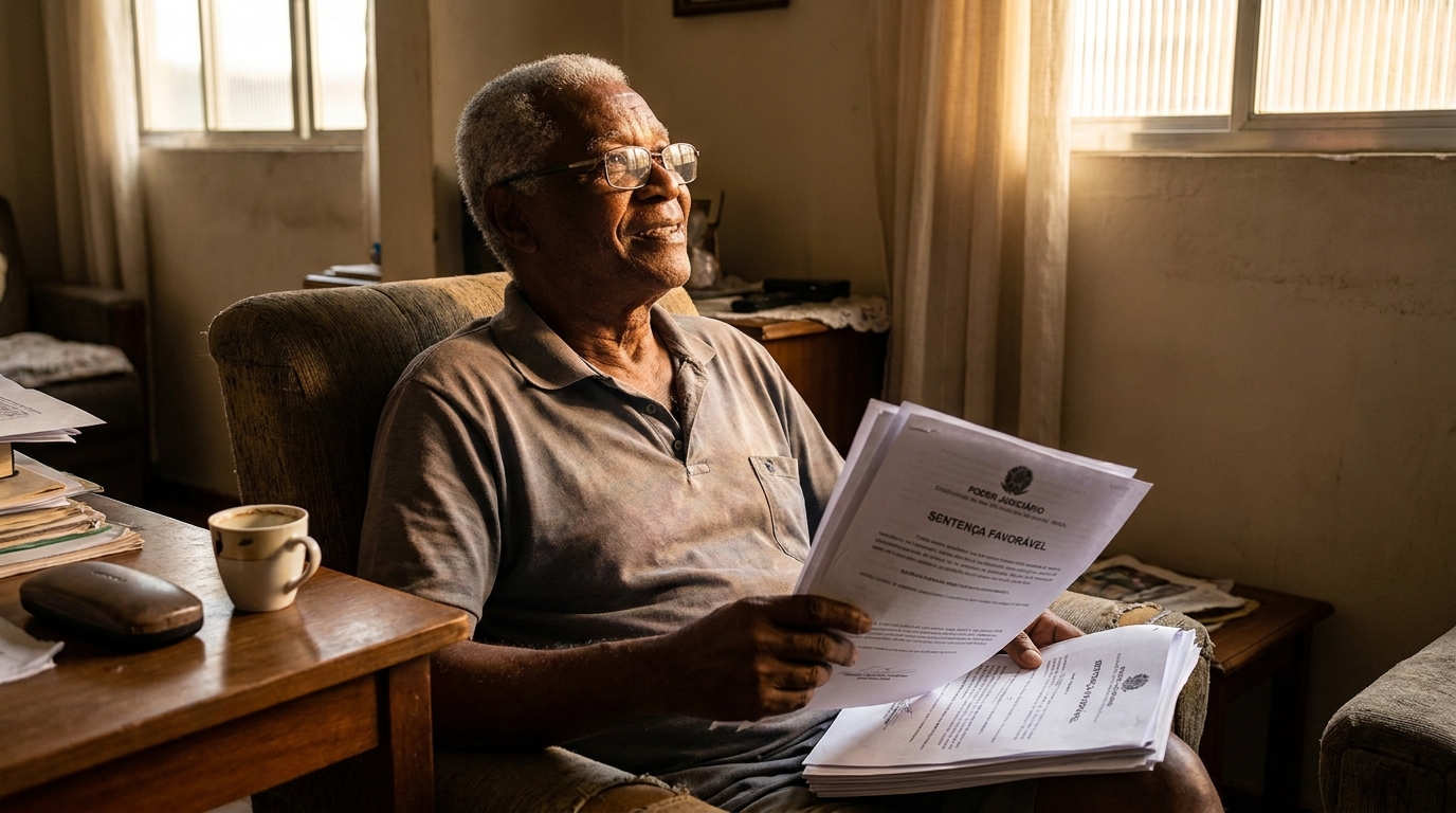 Homem idoso negro brasileiro sorrindo aliviado lendo documento judicial favorável em sua casa