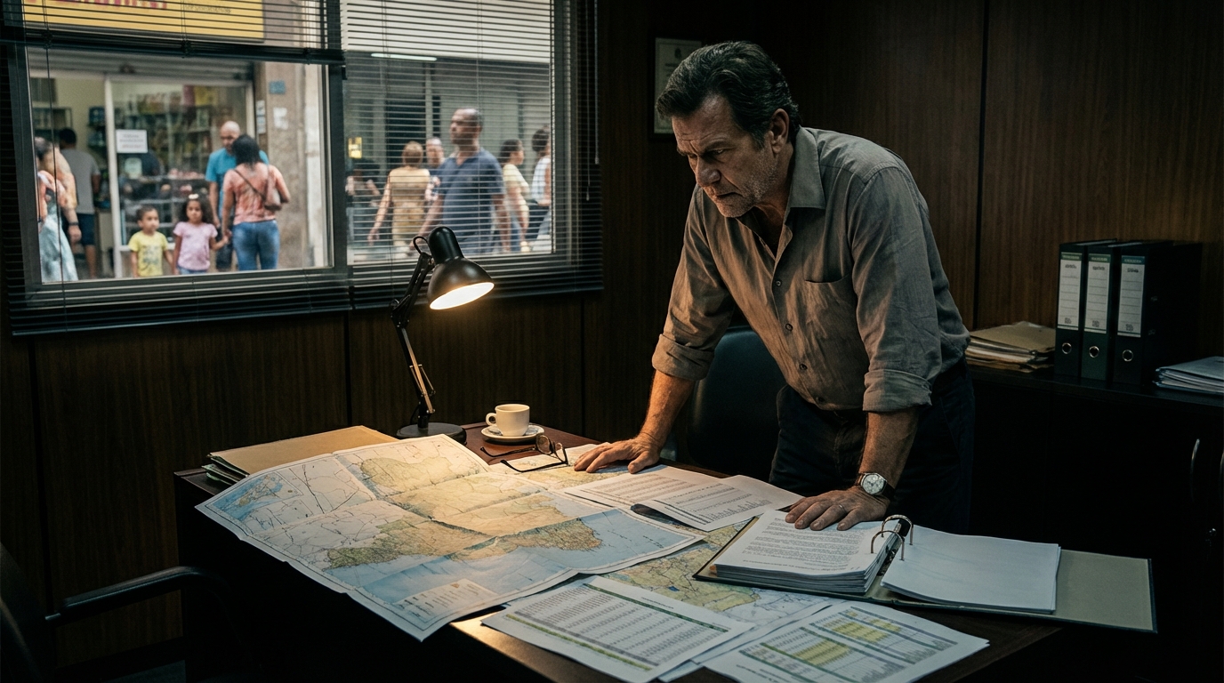 Empresário brasileiro em escritório debruçado sobre mapas e relatórios financeiros com expressão de foco intenso - planejamento tributário