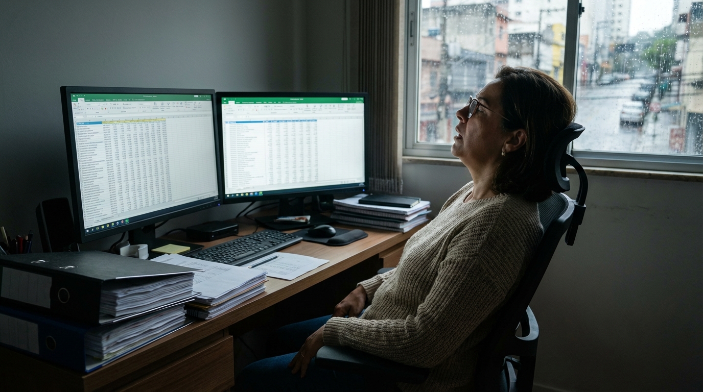 Contadora brasileira revisando planilhas complexas no computador com expressão de alívio ao encontrar solução financeira - direito empresarial