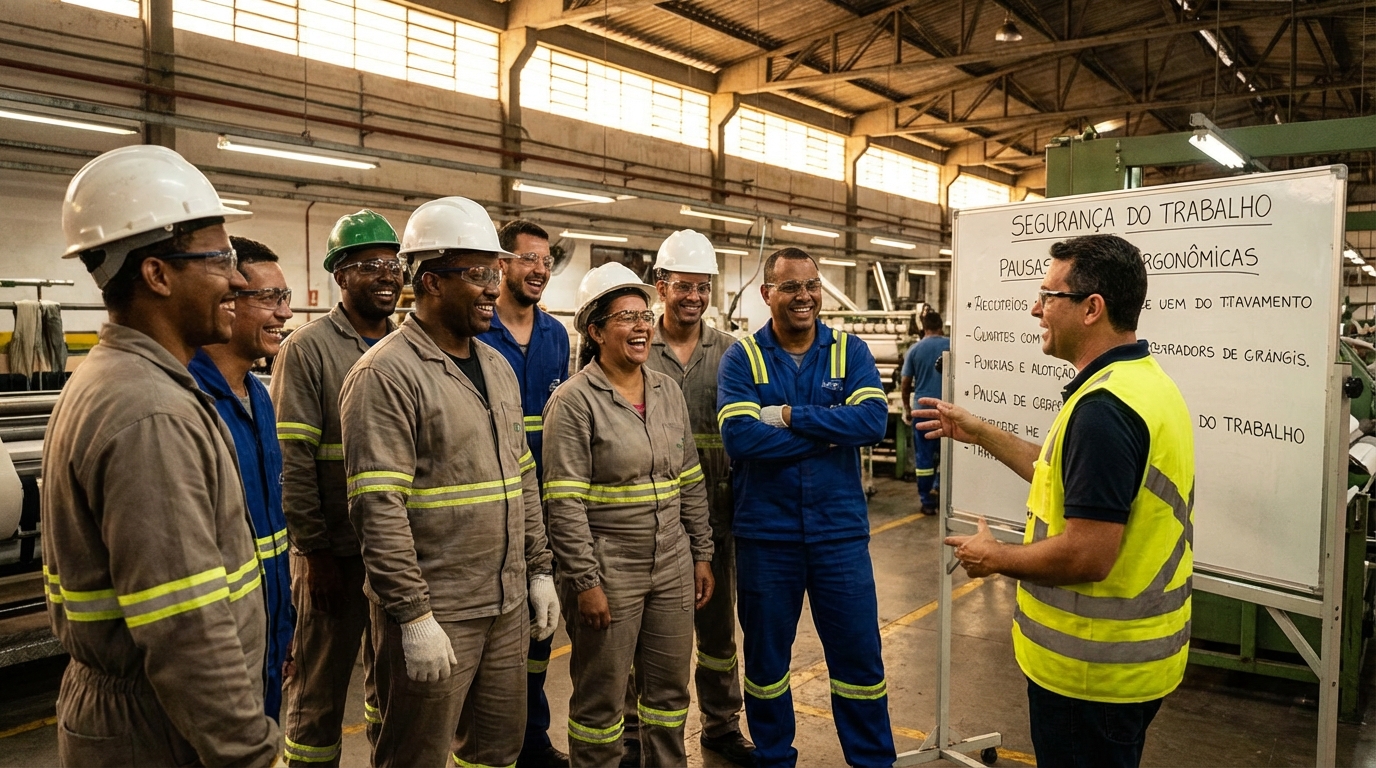 Trabalhadores brasileiros de chão de fábrica com equipamentos de proteção sorrindo durante treinamento de segurança - compliance trabalhista