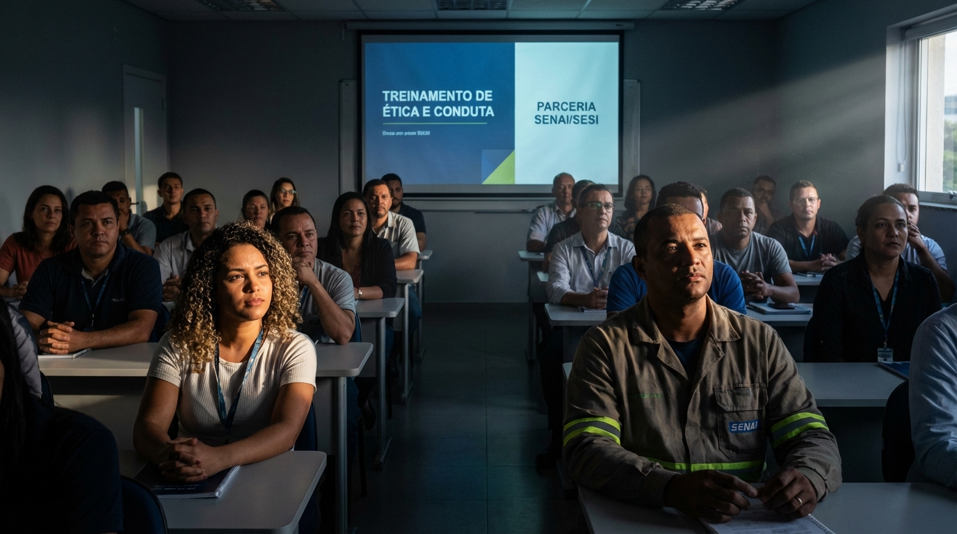 Grupo diversificado de adultos brasileiros em sala de aula corporativa prestando atenção em um treinamento - educação corporativa
