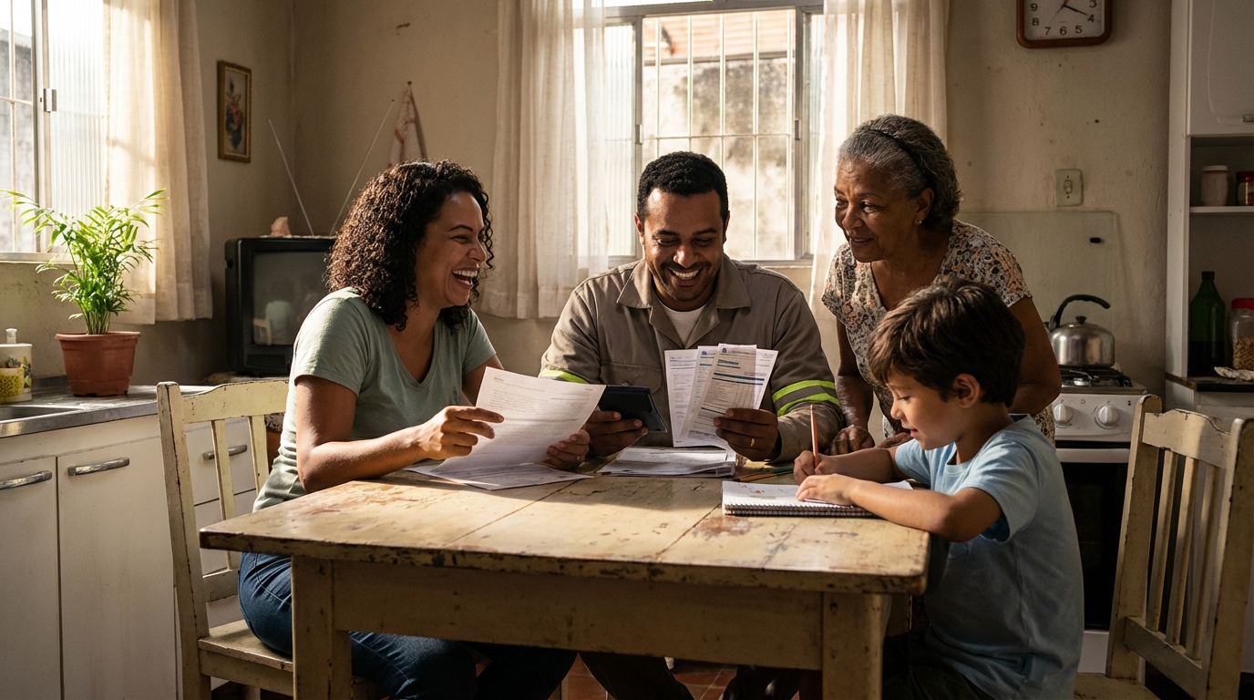 Família brasileira em casa sorrindo e analisando contas domésticas pagas com tranquilidade - impacto social do emprego
