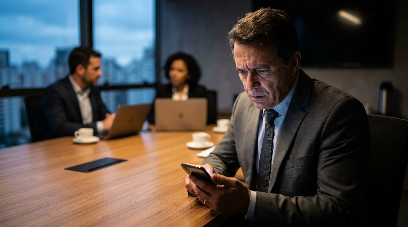 Empresário brasileiro de meia-idade, com expressão de profunda preocupação, analisando notificações digitais em seu smartphone durante uma reunião de negócios, temendo repercussões por liberdade de expressão