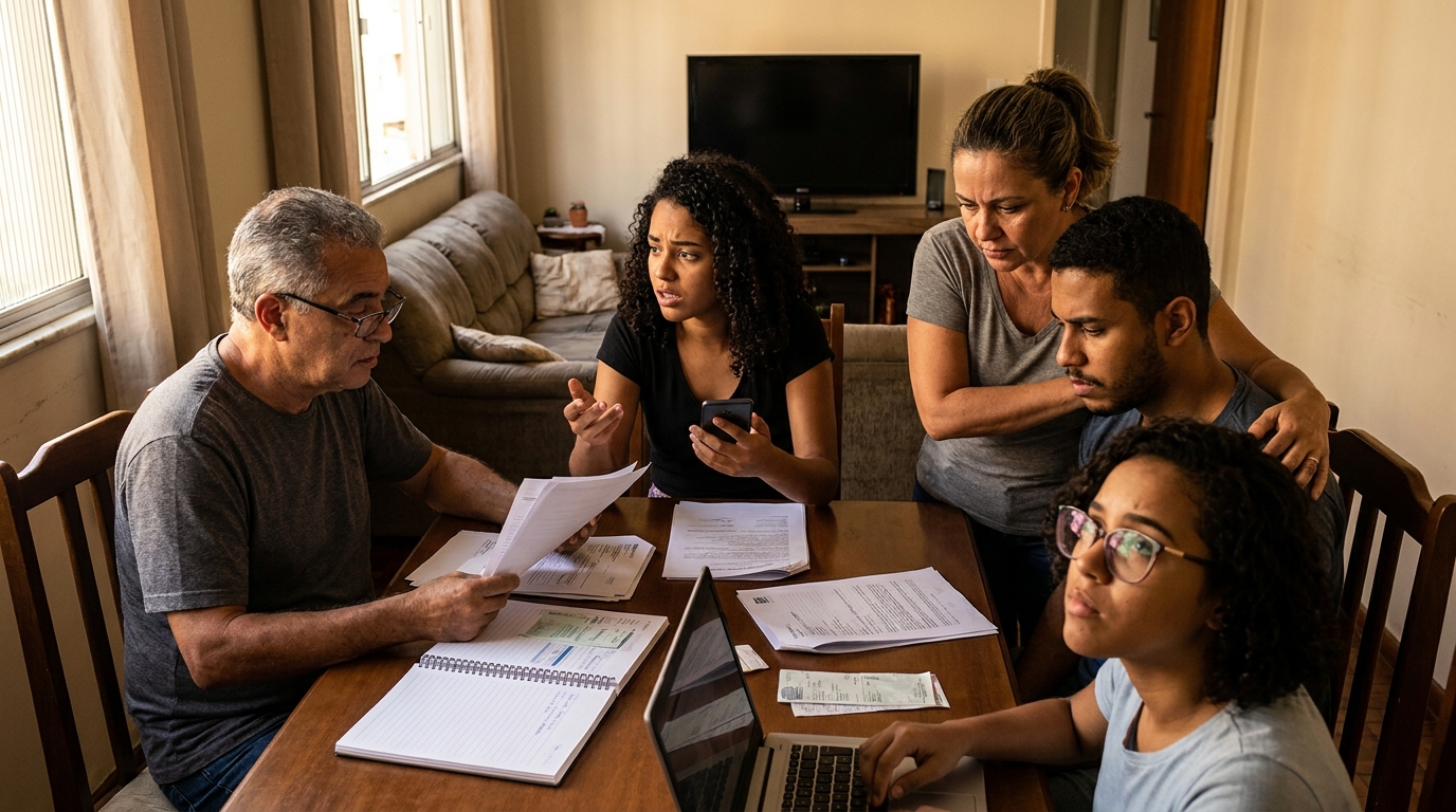 Família brasileira diversa sentada à mesa da sala de jantar, conversando com feições tensas sobre o bloqueio de bens após um inquérito criminal inesperado