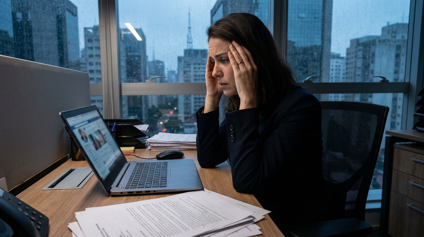 Jovem executiva brasileira em seu escritório corporativo, segurando a cabeça com as mãos enquanto revisa publicações antigas em redes sociais que podem configurar crimes contra a honra