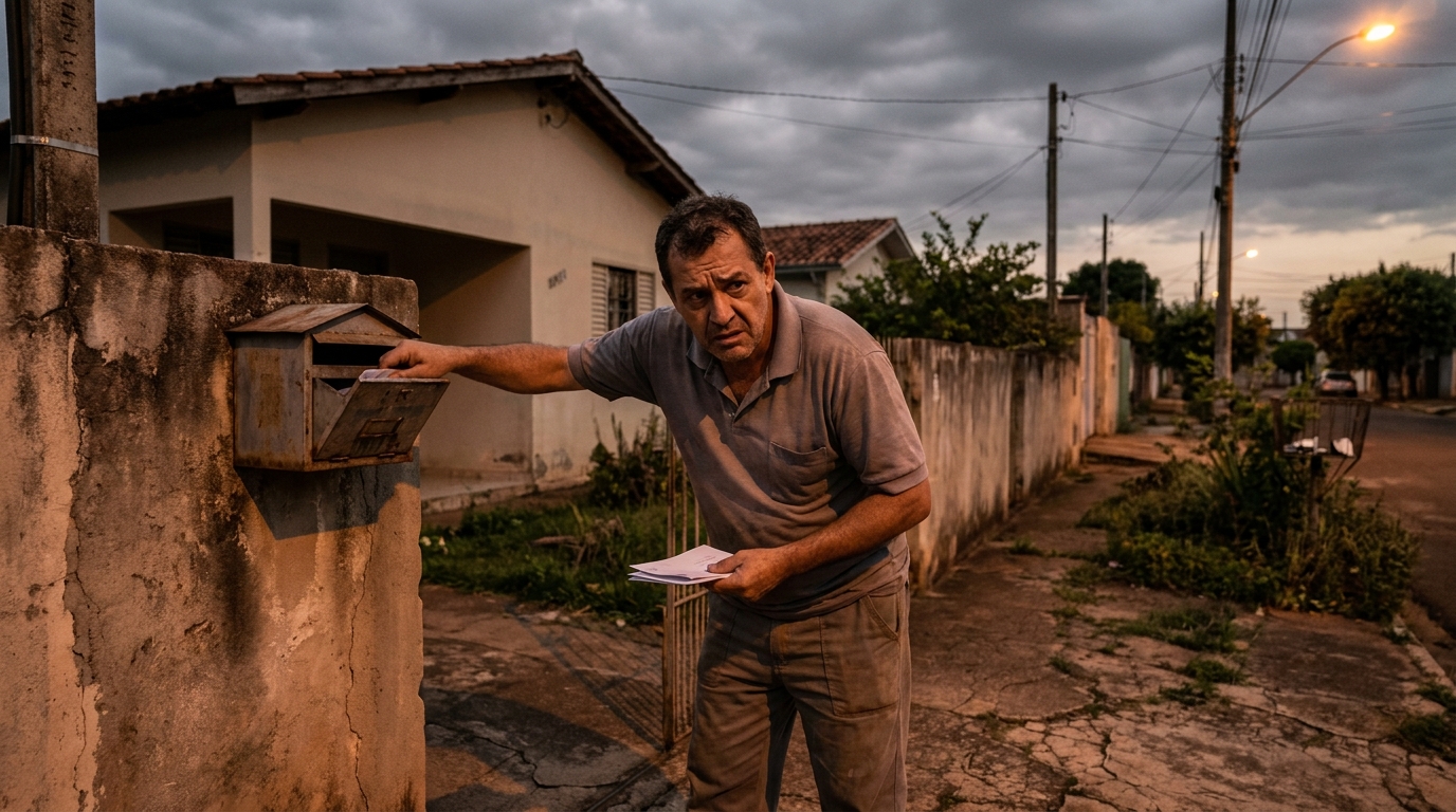 Cidadão brasileiro angustiado verificando a caixa de correio em frente à sua casa simples, preocupado com intimações legais relacionadas a um inquérito STF