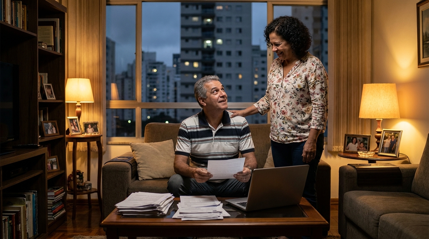 Pai de família brasileiro maduro e sua esposa conversando aliviados e organizando documentos na sala de estar após consultoria preventiva sobre defesa criminal