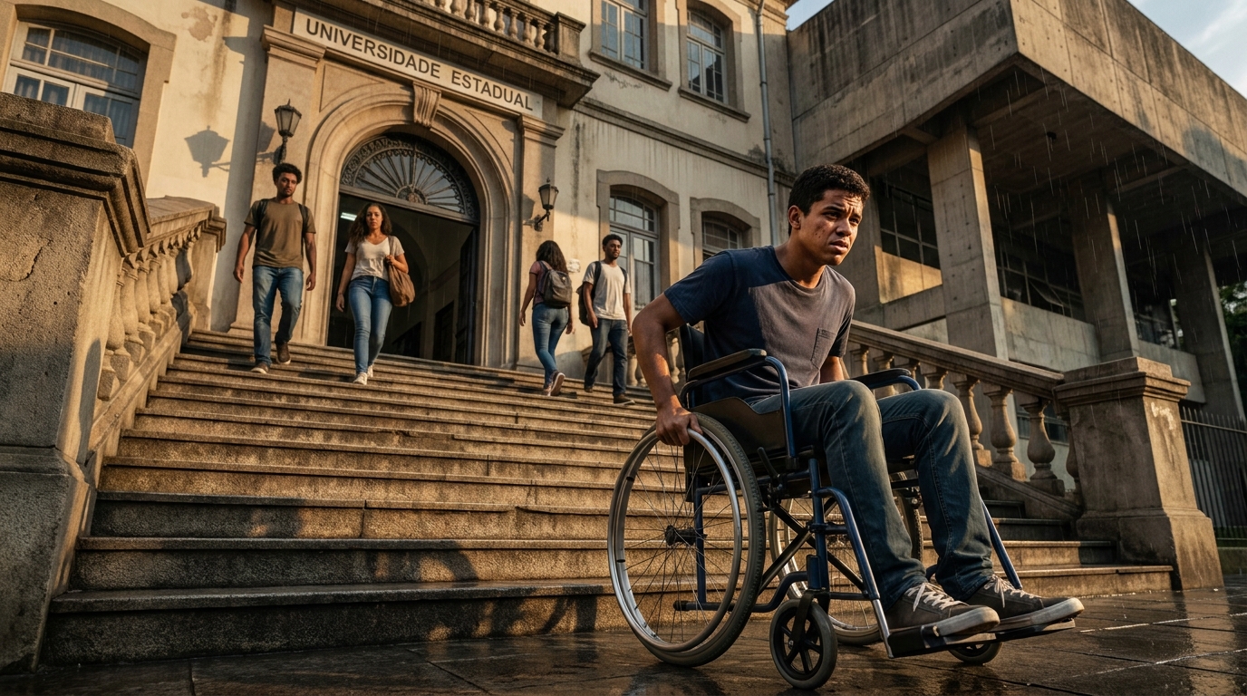 Jovem estudante brasileiro usuário de cadeira de rodas frustrado na frente de uma escadaria na entrada da faculdade lutando por acessibilidade ensino superior