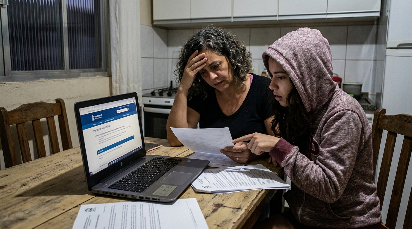 Mãe e filha brasileiras sentadas à mesa da cozinha olhando preocupadas para documentos médicos e edital do vestibular no notebook