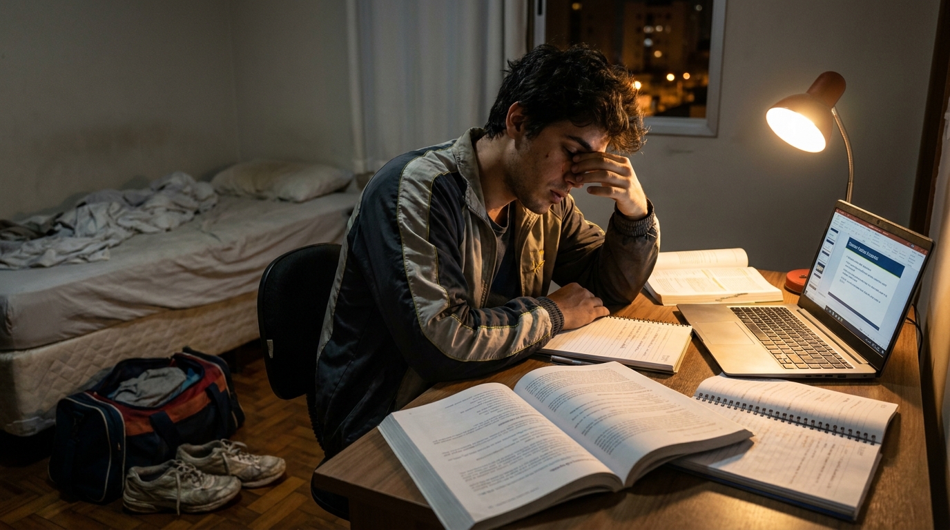 Jovem atleta brasileiro exausto estudando de madrugada no quarto com apostilas após longo dia de treinamento esportivo
