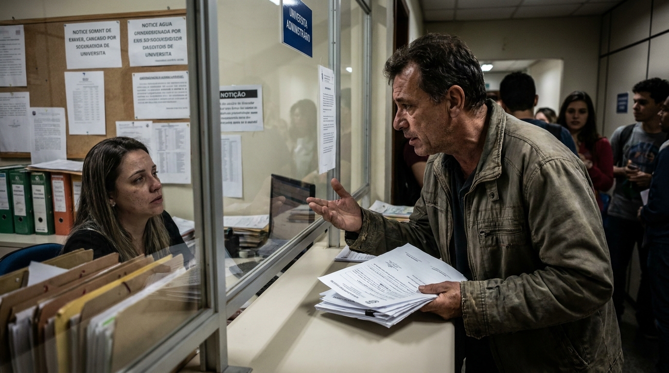 Pai brasileiro discutindo seriamente com atendente na secretaria da faculdade segurando laudos médicos e requerimentos ignorados