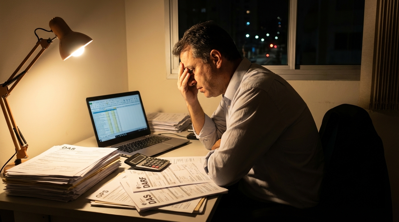 Empresário brasileiro em escritório analisando documentos financeiros com expressão de preocupação profunda devido a inadimplência empresas