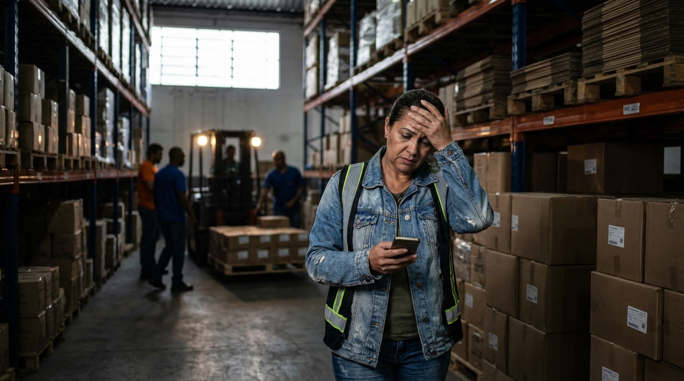 Dona de pequena fábrica brasileira caminhando pelo galpão logístico preocupada com os riscos de execução fiscal