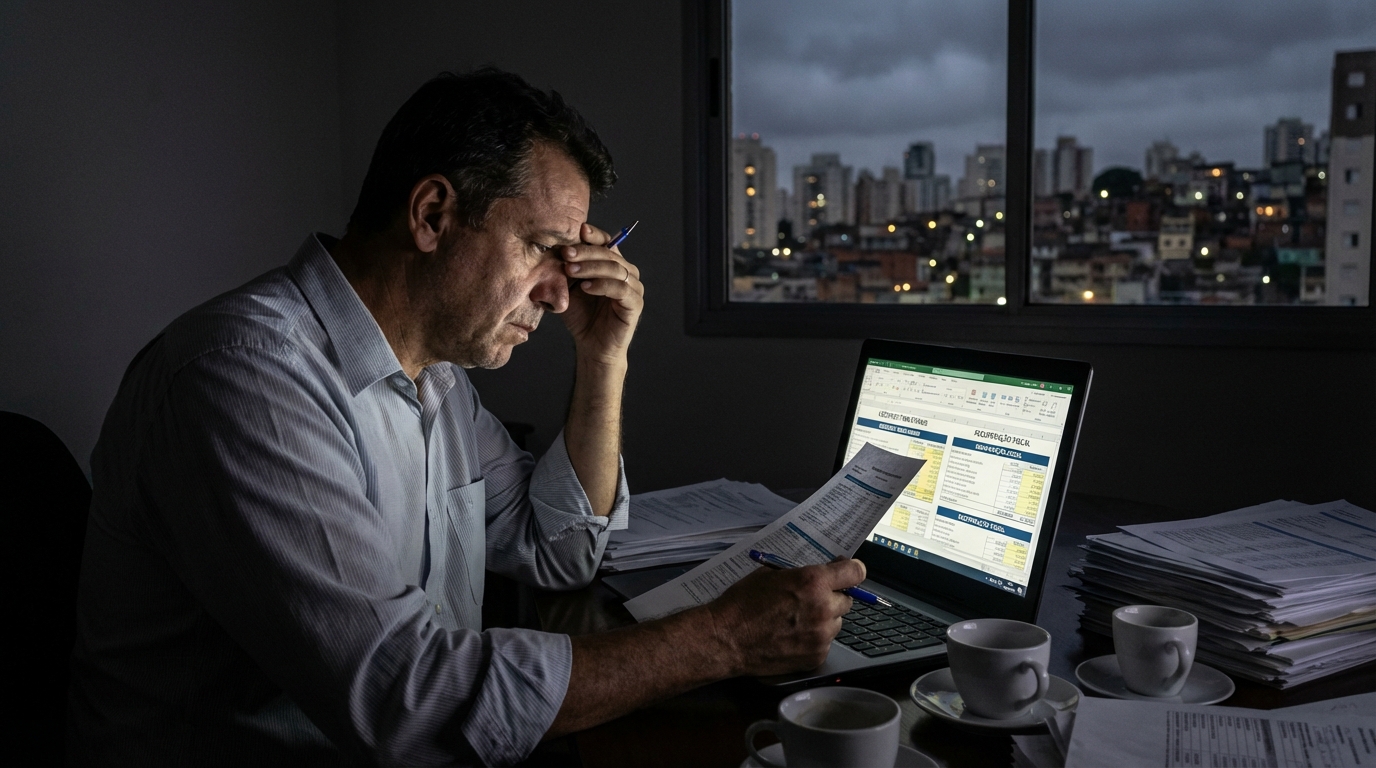 Gestor brasileiro focado trabalhando até tarde analisando planilhas no computador buscando recuperação de créditos tributários
