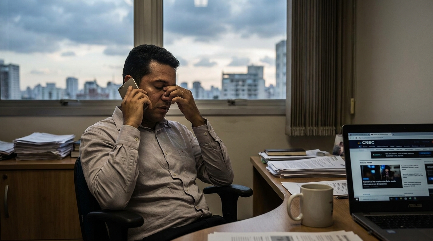 Homem de negócios brasileiro aliviado conversando ao telefone em seu escritório após conseguir desbloqueio judicial de bens