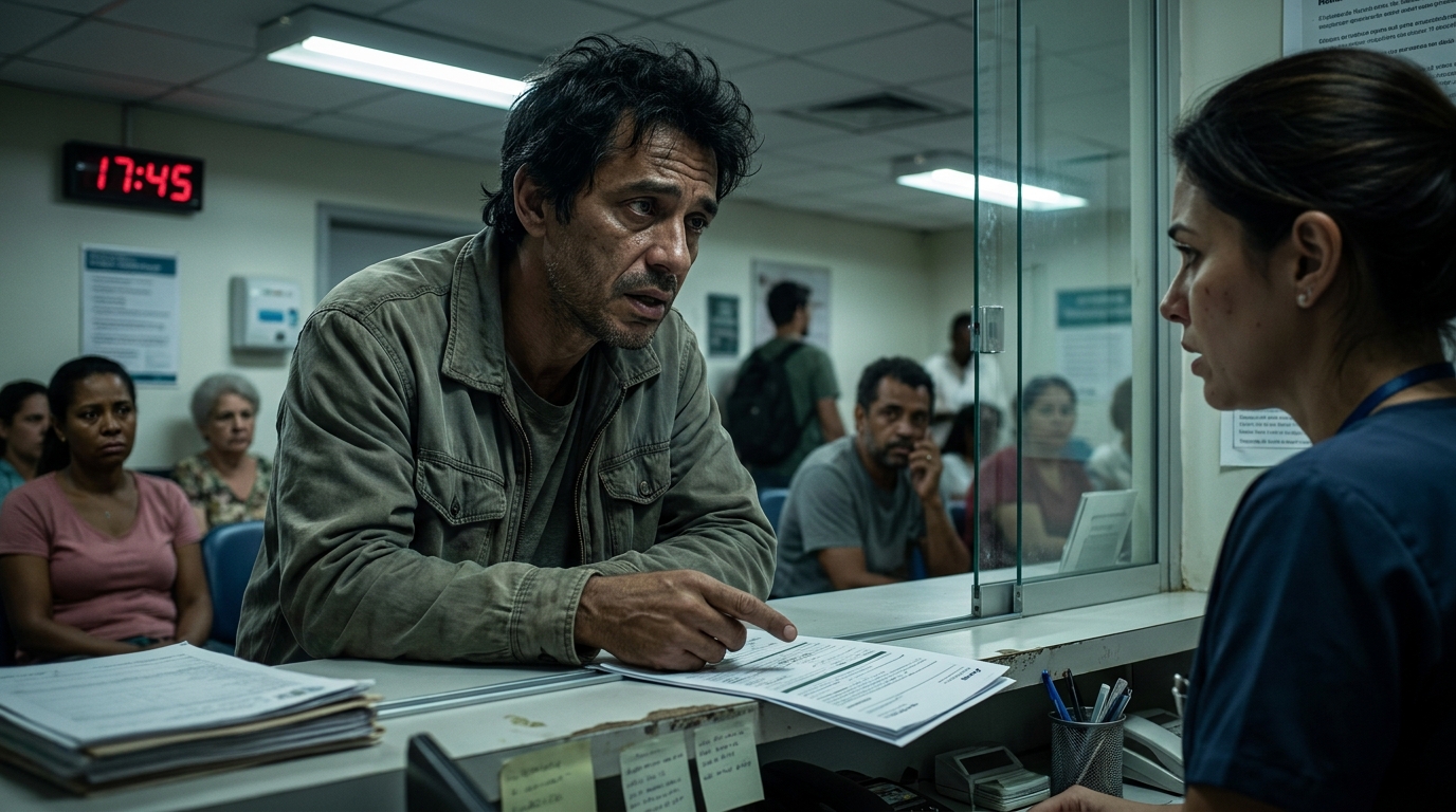 Trabalhador brasileiro exausto no balcão de atendimento de uma clínica médica tentando resolver problemas com seu atestado