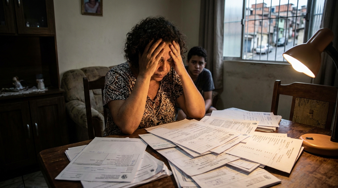 Mãe brasileira preocupada analisando uma pilha de laudos médicos e exames na mesa de casa após ter o benefício negado