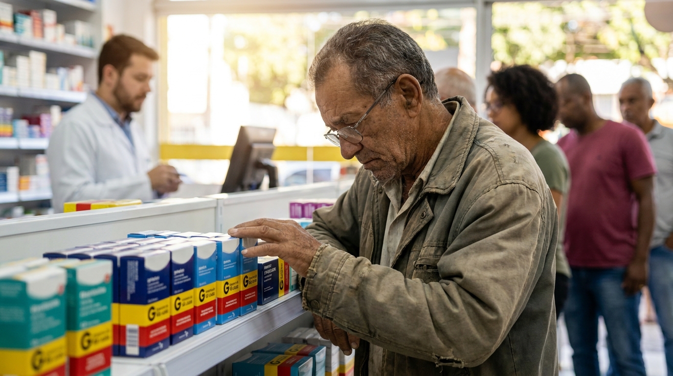 Idoso brasileiro em uma farmácia olhando com tristeza para caixas de medicamentos de alto custo que não pode pagar