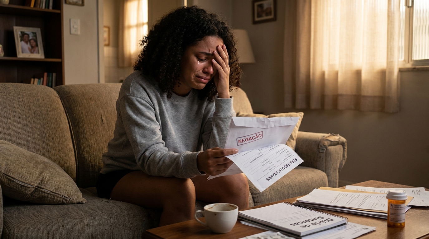 Mulher brasileira jovem chorando no sofá de sua sala enquanto segura o resultado de exames e uma carta de negação