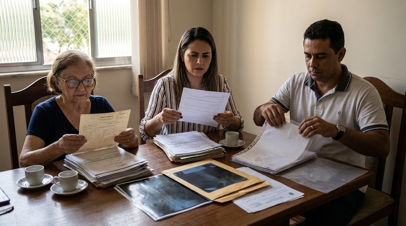 Família brasileira organizando cuidadosamente papéis, exames e documentos médicos na mesa de jantar de casa