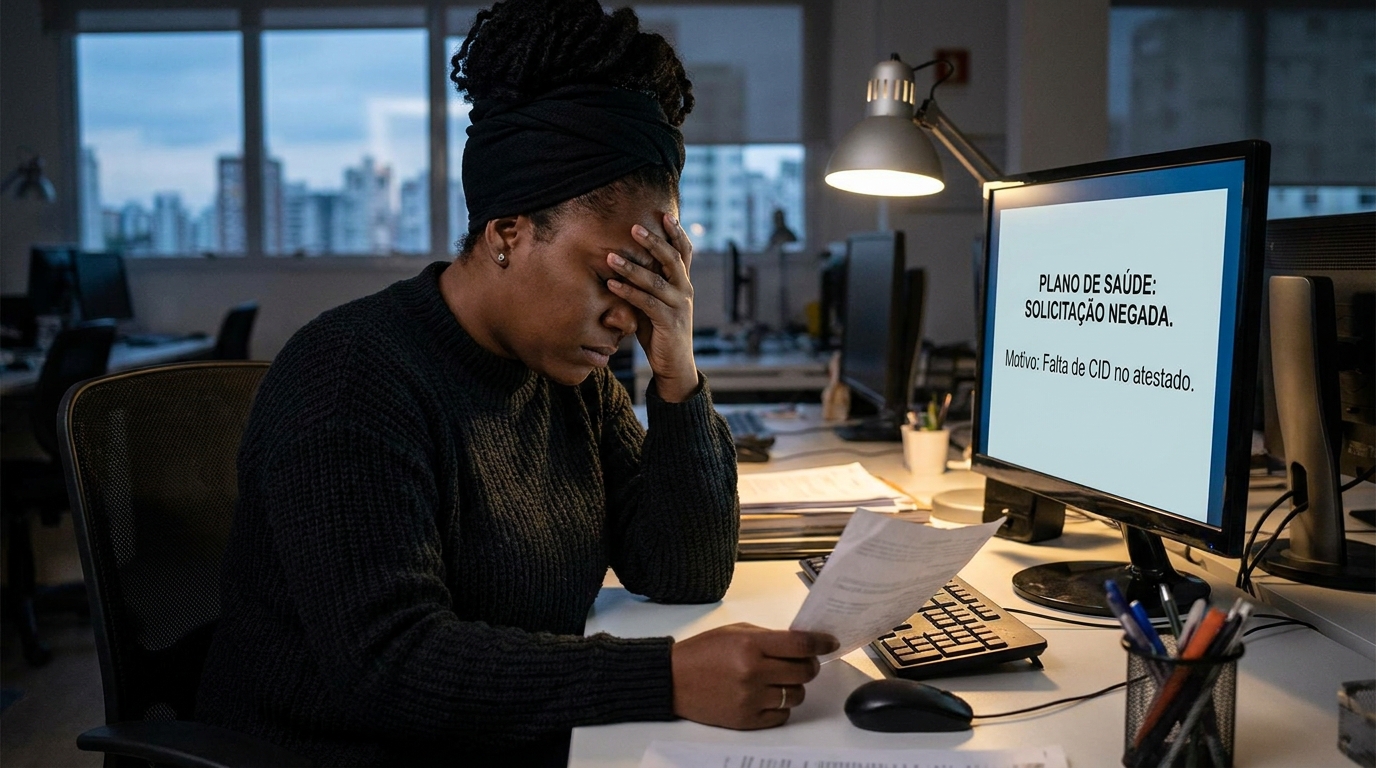 Trabalhadora brasileira negra com expressão de angústia segurando um atestado médico em frente ao computador do escritório, negativa de plano de saúde por falta de CID