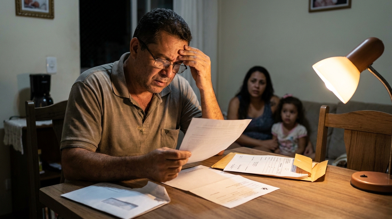 Pai de família brasileiro em casa, de óculos, revisando ansiosamente documentos e contas médicas sobre a mesa, representando direitos do paciente atestado