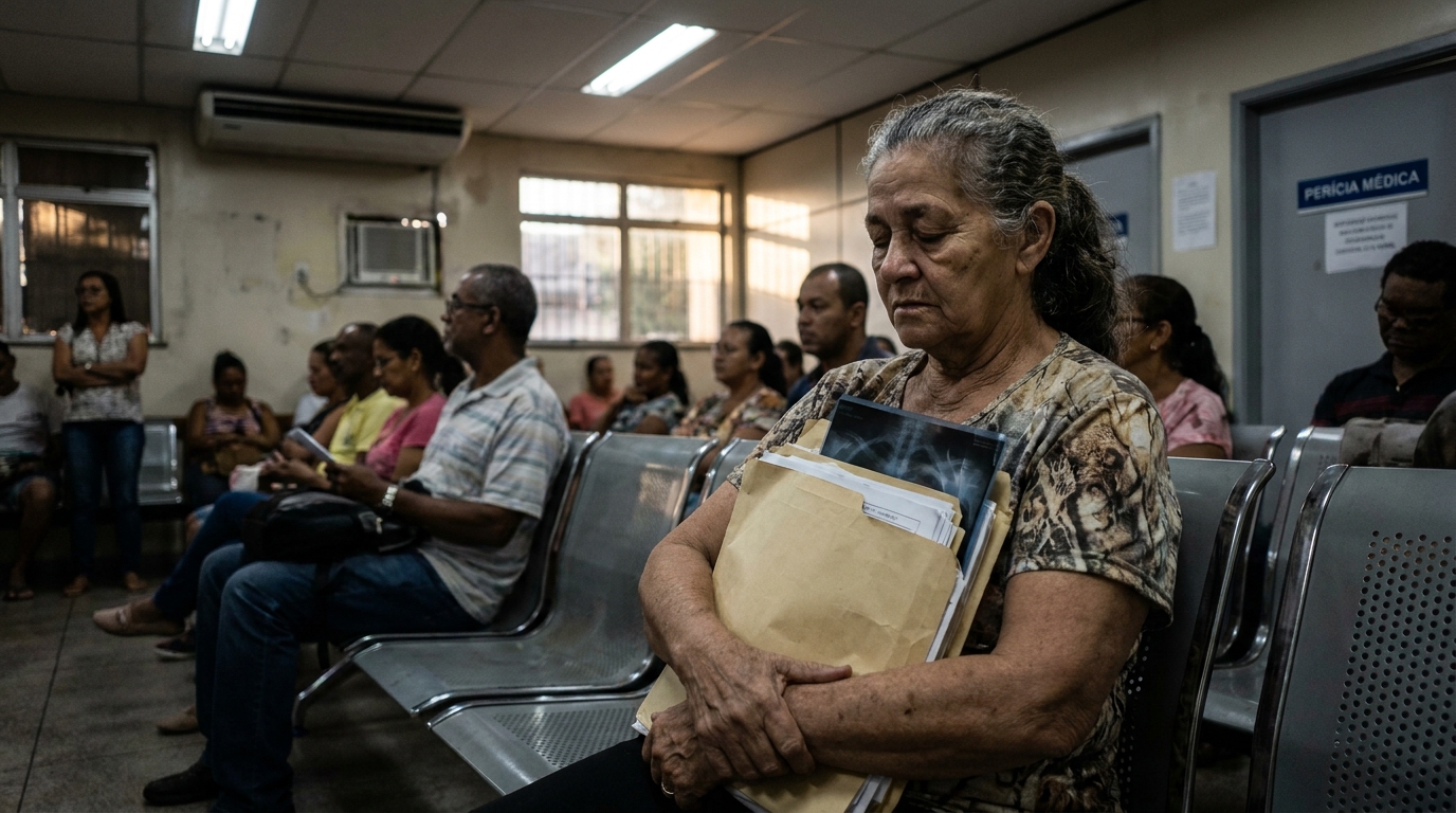 Mulher idosa brasileira em uma sala de espera do governo, parecendo cansada e segurando uma pasta com exames médicos para a perícia