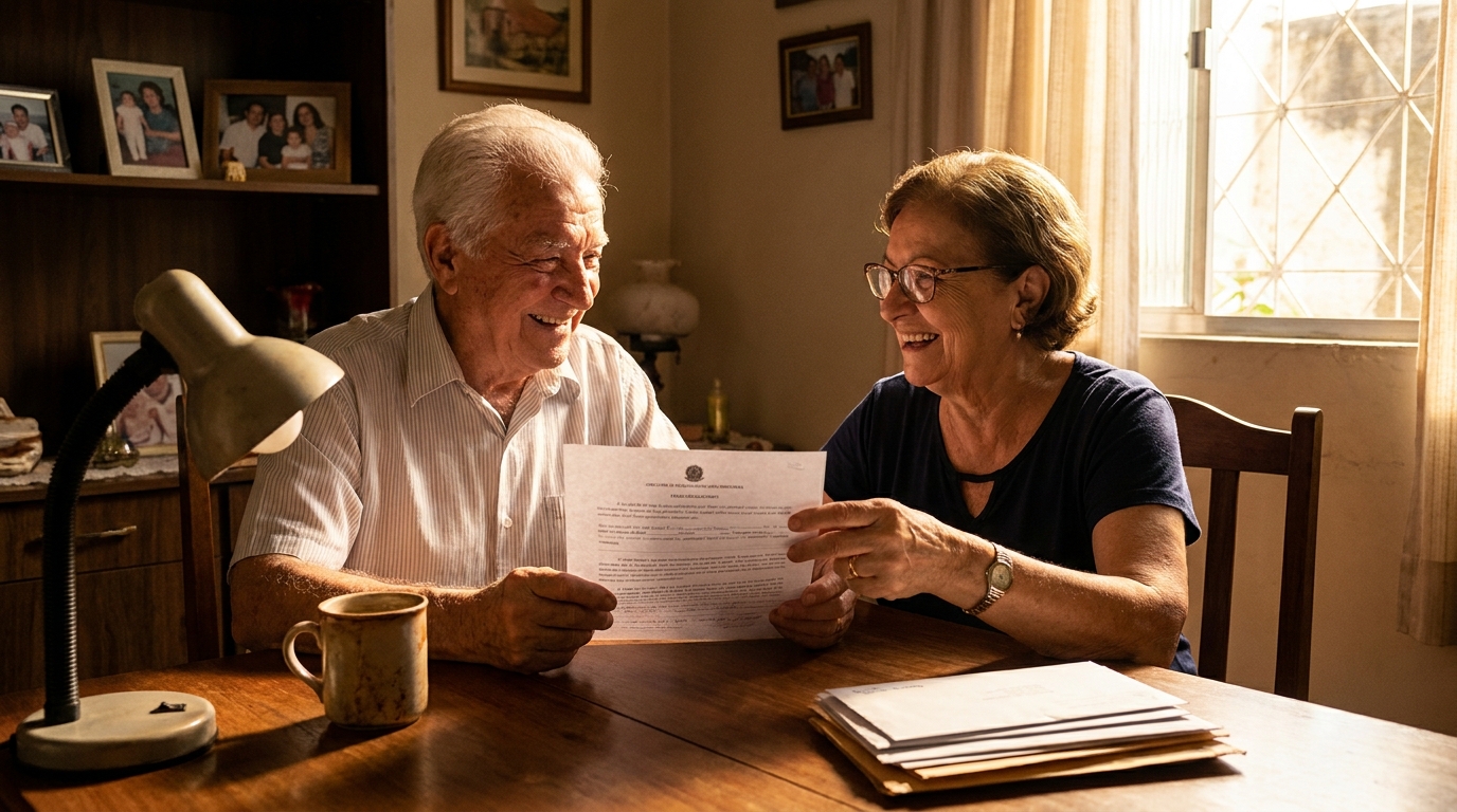 Casal de idosos brasileiros em casa, sorrindo aliviados após lerem um documento legal que garantiu o tratamento médico pelo plano de saúde