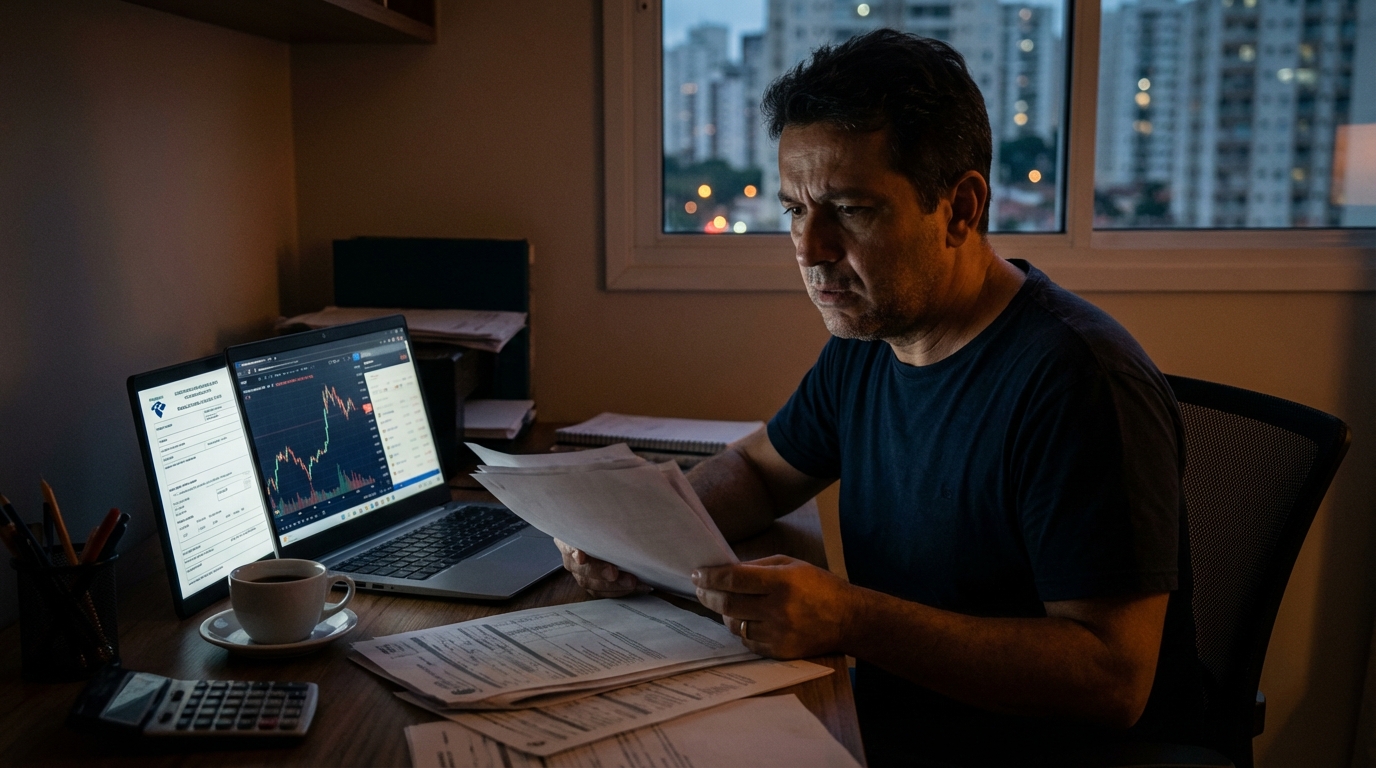 Dr. Oliveira, advogado criminal renomado, em escritório moderno e luxuoso com fundo azul gradiente - O mistério de Satoshi Nakamoto e a única certeza do Bitcoin: A tributação pela Receita Federal