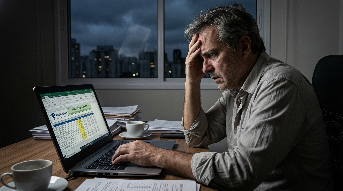 Empresário brasileiro de meia-idade analisando planilhas financeiras no notebook com expressão de profunda preocupação sobre tributação de criptomoedas