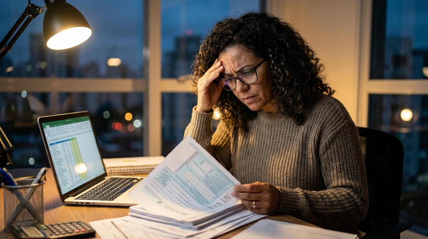 Contadora brasileira em escritório moderno revisando documentos fiscais e contratos de empresas com expressão tensa
