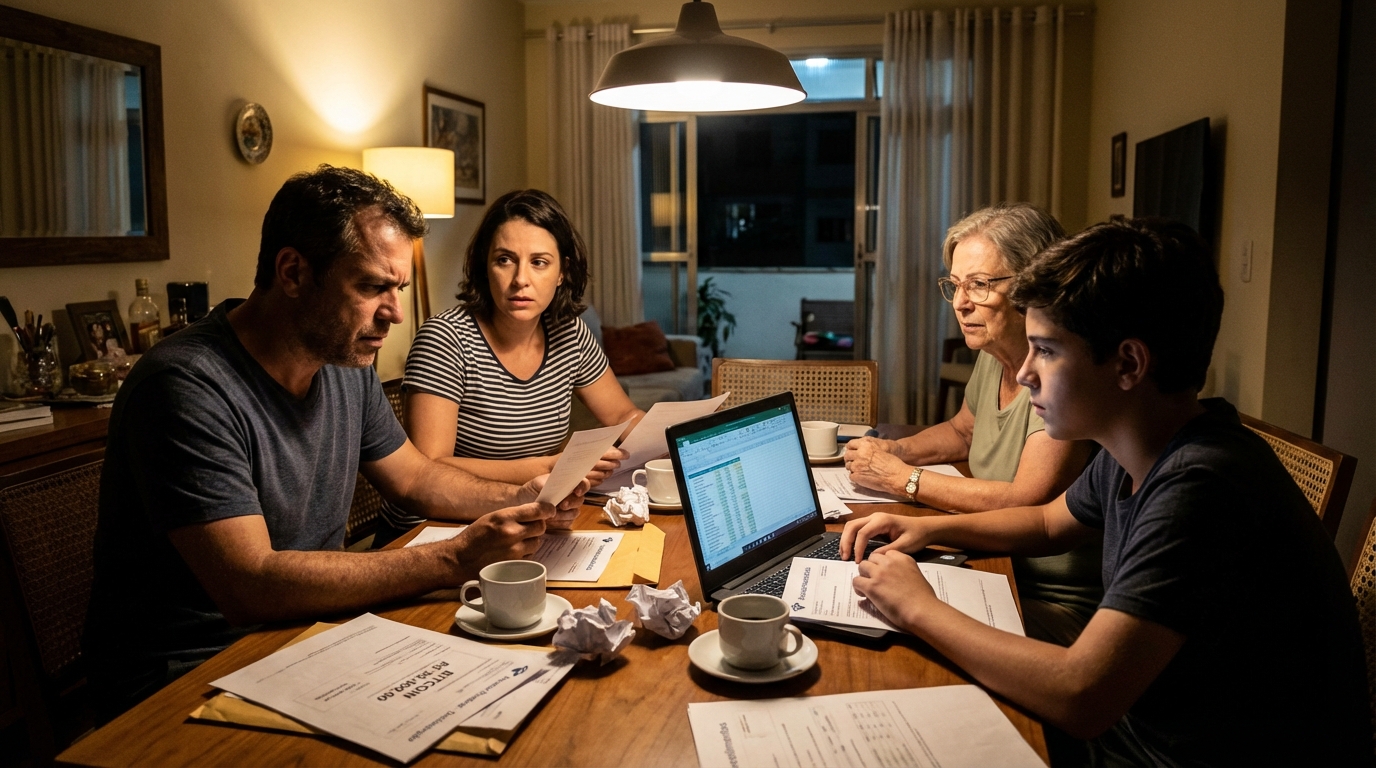 Família brasileira reunida na mesa de jantar analisando papéis de investimentos e contas do exterior com semblante apreensivo