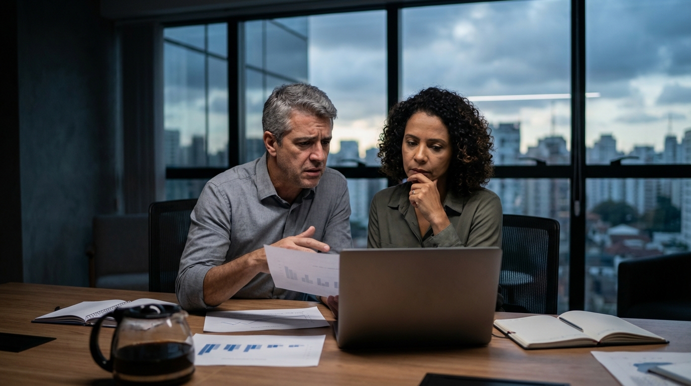 Dois sócios empresários brasileiros discutindo estratégias em uma sala de reuniões corporativa com documentos sobre a mesa