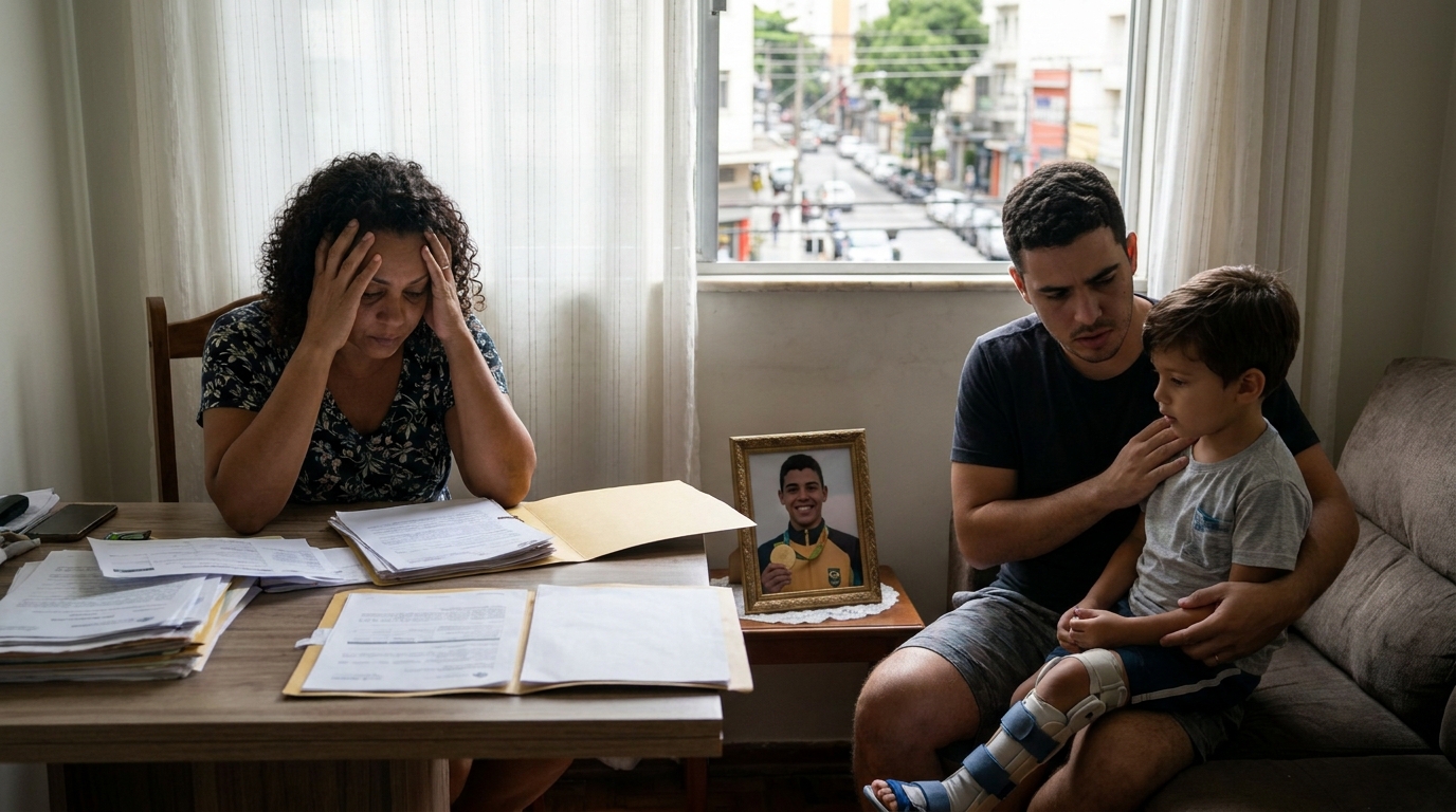 Dr. Oliveira, advogado criminal renomado, em escritório moderno e luxuoso com fundo azul gradiente - Gabrielzinho no topo do mundo: O direito à reabilitação e terapias para PCDs nos planos de saúde