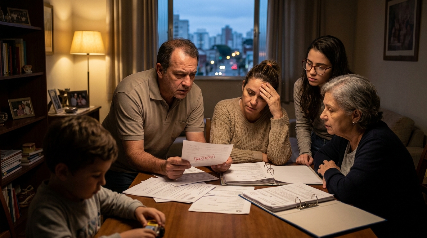 Família brasileira preocupada revisando documentos médicos após negativa de tratamento plano de saúde na mesa da sala