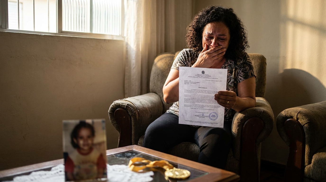 Mãe brasileira chorando de alívio segurando laudo médico sobre direitos PCD plano de saúde