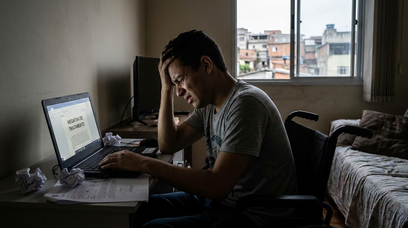 Jovem cadeirante brasileiro em frente ao computador demonstrando frustração com negativa de tratamento plano de saúde