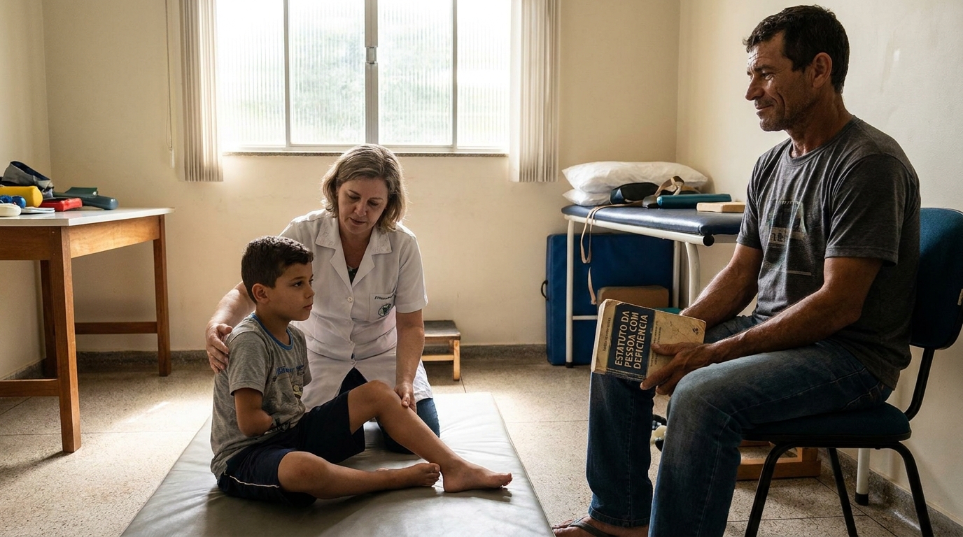 Fisioterapeuta trabalhando com criança brasileira enquanto o pai observa esperançoso sobre o Estatuto da Pessoa com Deficiência saúde
