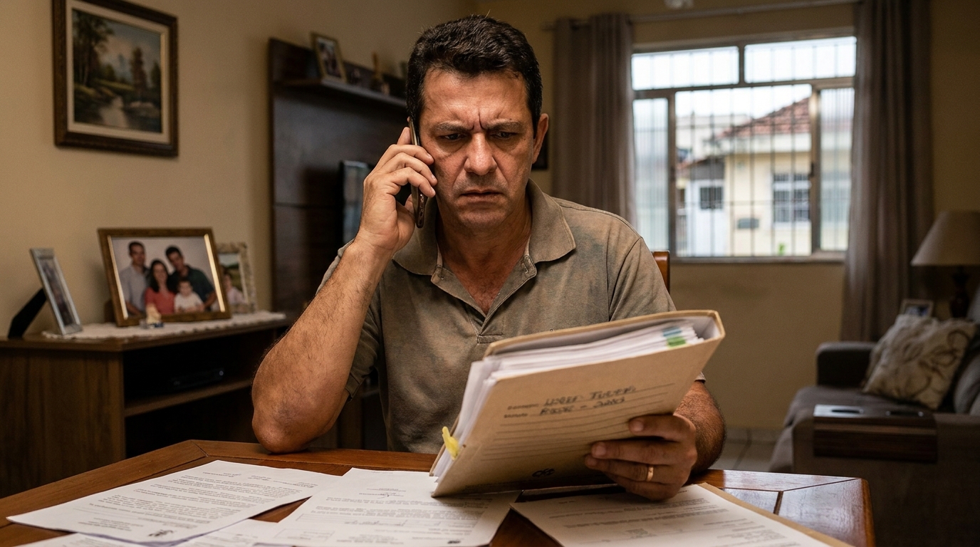 Pai de família brasileiro ao telefone com expressão séria segurando pasta de documentos de advogado direito da saúde SP