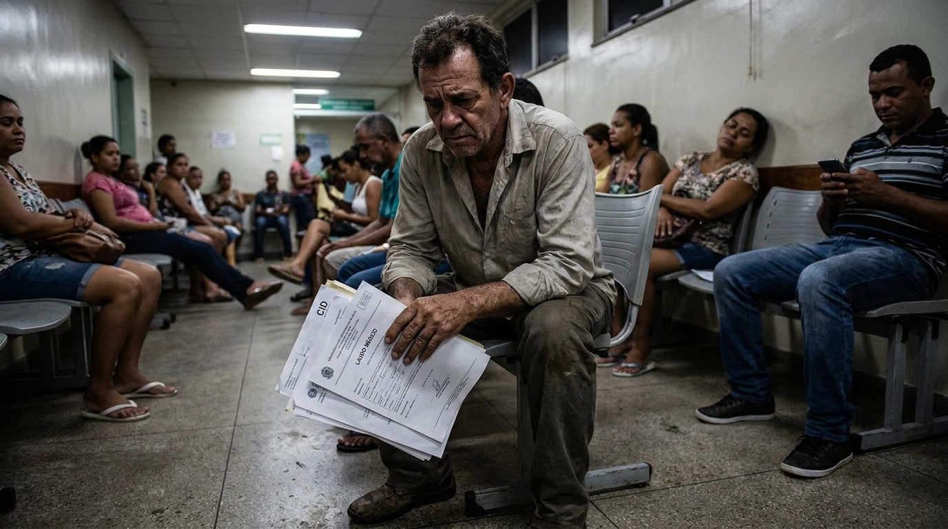 Trabalhador brasileiro exausto segurando exames médicos e laudos na sala de espera de um hospital público com expressão de preocupação