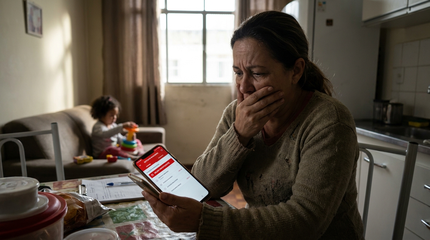 Mãe de família brasileira aflita verificando o extrato bancário no celular após corte repentino de benefício previdenciário