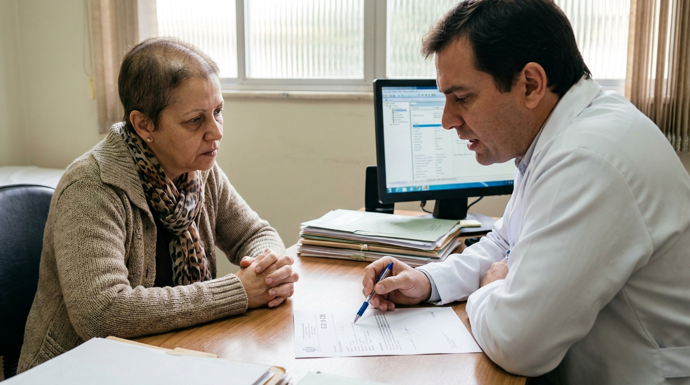 Paciente oncológica brasileira conversando com seu médico em um consultório, recebendo orientações sobre a redação correta do laudo