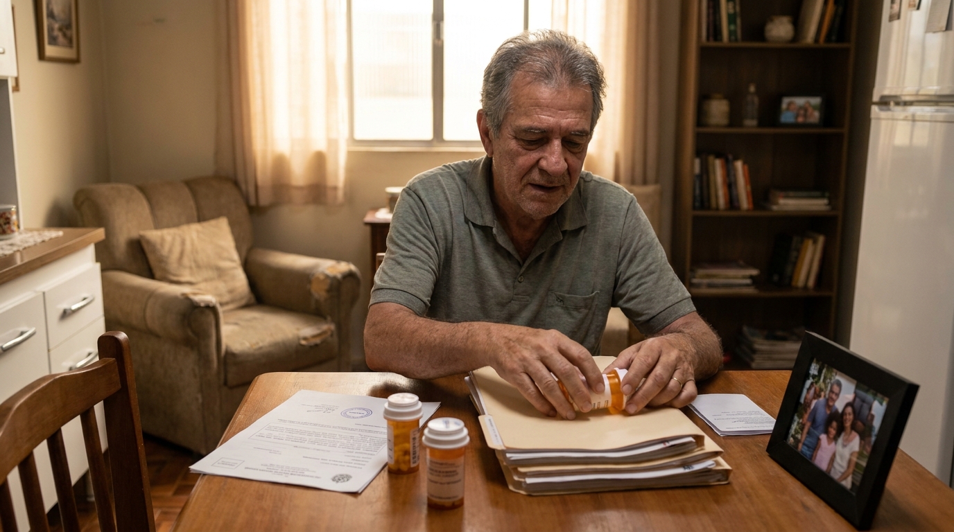 Homem idoso brasileiro com expressão de alívio e segurança organizando pastas com histórico médico completo e receitas em sua mesa