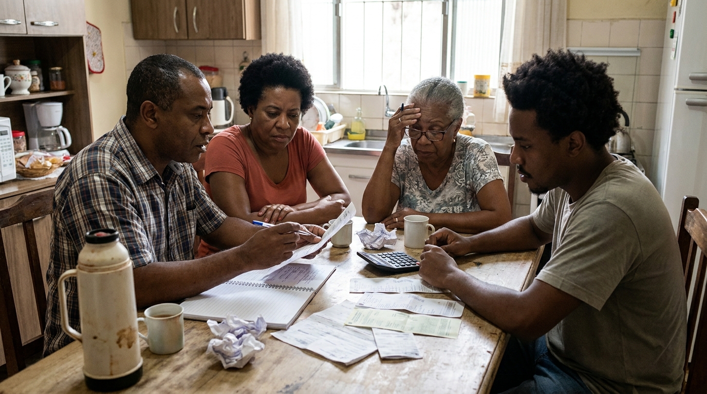 Família brasileira negra reunida na mesa da cozinha fazendo contas com papel e caneta, preocupados com o sustento durante o tratamento médico