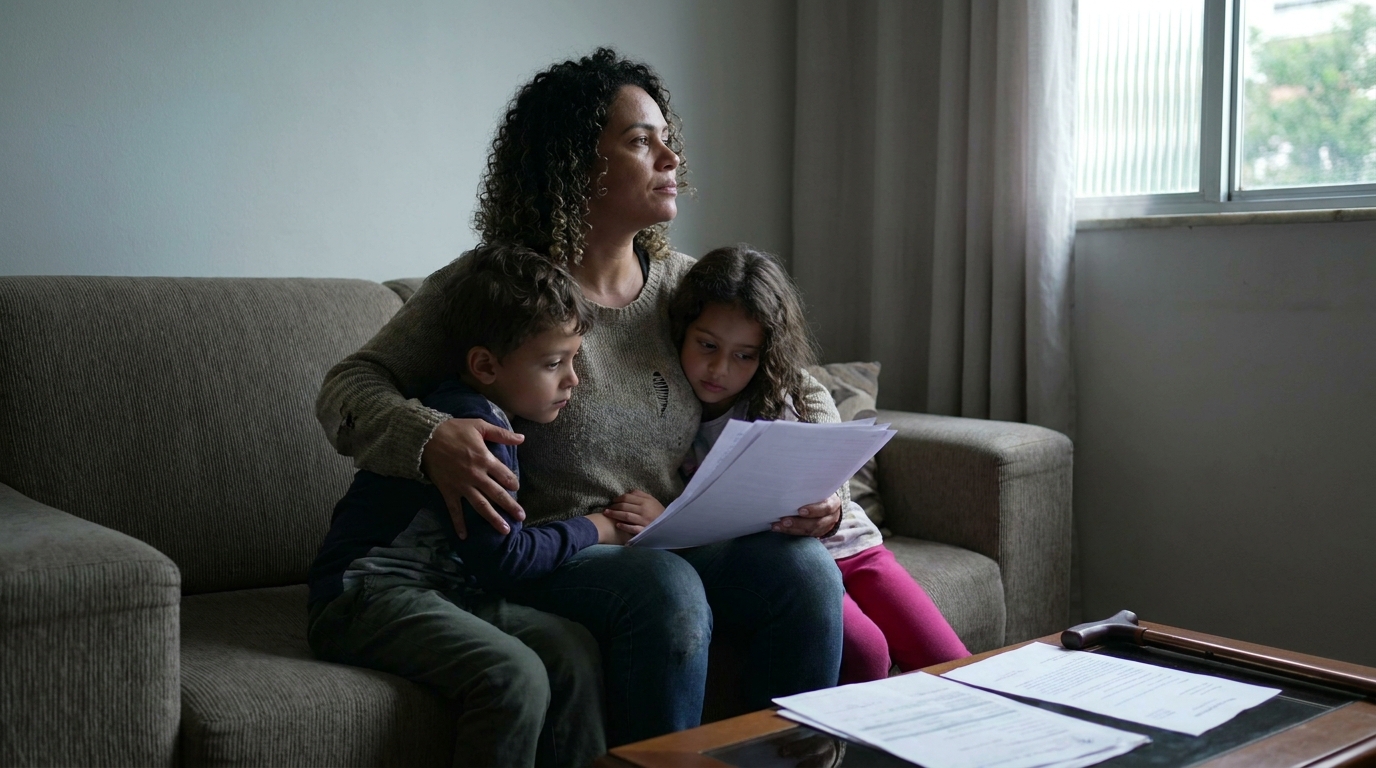 Mulher brasileira doente sentada no sofá de casa, abraçando seus filhos com um olhar de esperança e segurança após garantir seus direitos