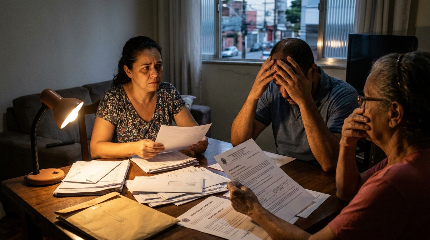 Família brasileira angustiada na sala de estar revisando pilhas de negativas do plano de saúde e laudos médicos - relatório médico plano de saúde
