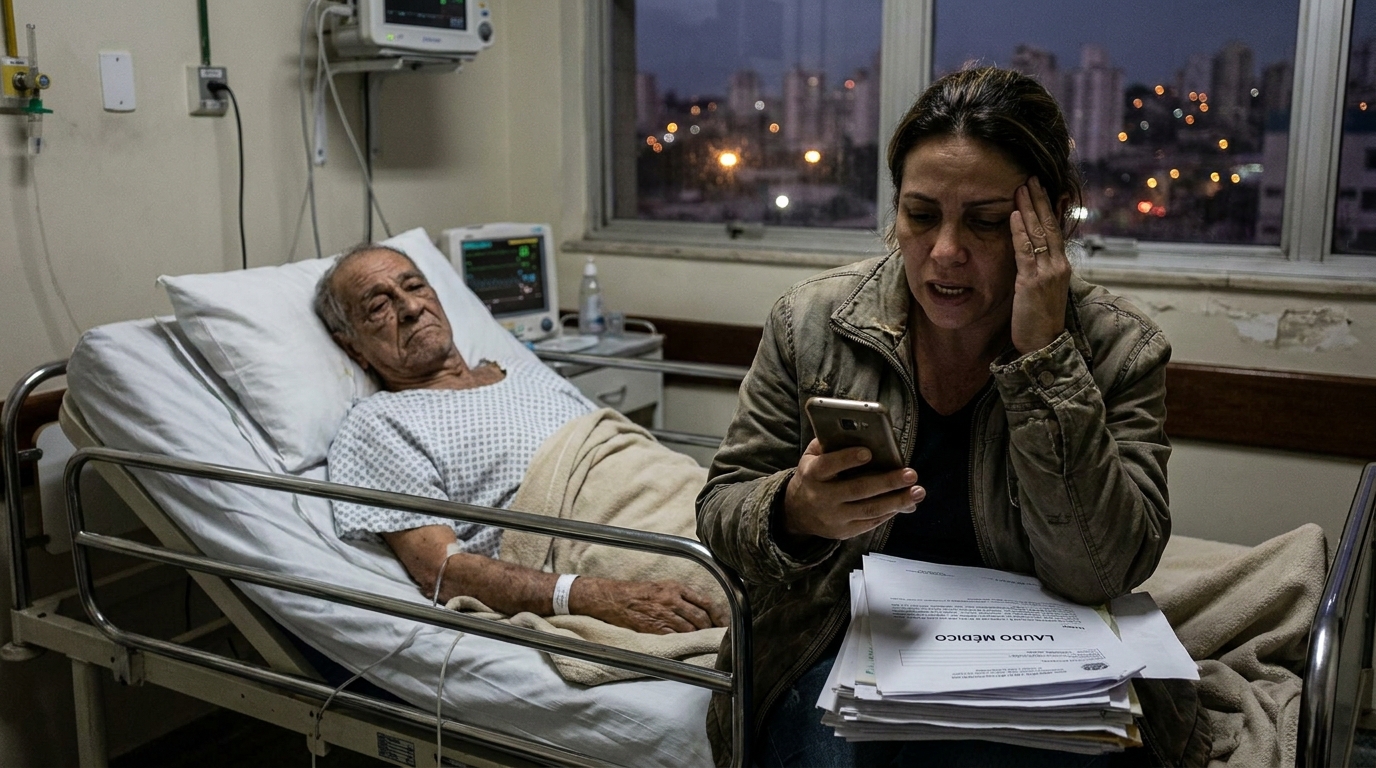 Senhor idoso brasileiro deitado em cama de hospital público enquanto filha preocupada tenta contato com advogado especialista em direito da saúde - laudo médico para processo