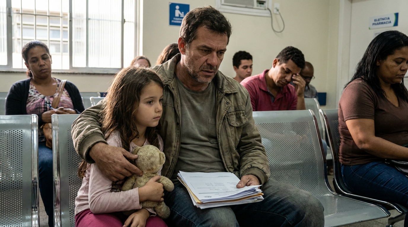 Pai brasileiro humilde confortando sua filha pequena na recepção de uma farmácia de alto custo do SUS com documentos em mãos - advogado direito da saúde