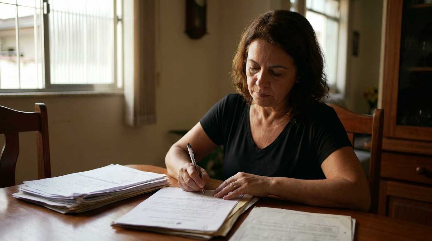 Mulher brasileira com expressão de confiança assinando procuração e segurando exames médicos, sentada em sua mesa de jantar - relatório médico plano de saúde